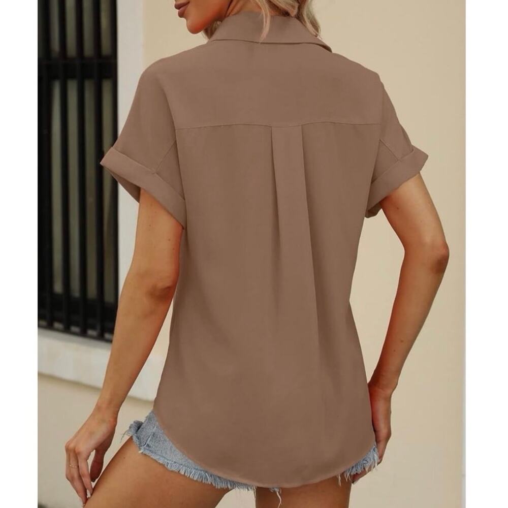 Beautife Tan Short Sleeve Button Front Blouse - Picture 2 of 16